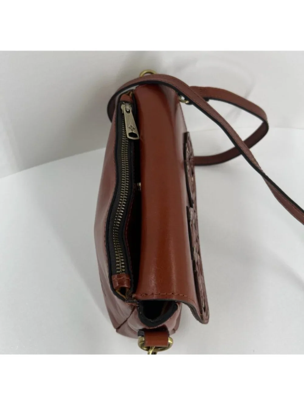Patricia Nash Lille Studded Leather Crossbody Bag Filigree Tooled Floral Brown - Picture 8 of 13
